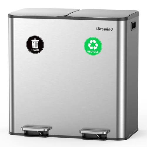 Lovewind Bote de basura, 2 botes de basura de 10.5 galones (2 x 40 L) para cocina, doble compartimento, bote de basura con pedal para cocina y
