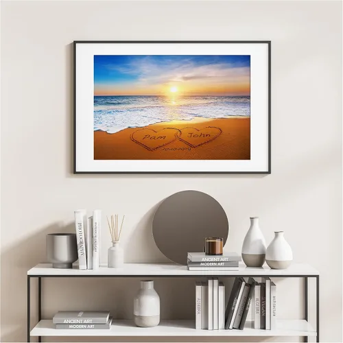 Miniatura 7 de Corazón y corazón en hermoso amanecer fotos personalizadas únicas o impresiones en lienzo con nombres de pareja y fecha especial en la playa, regalo