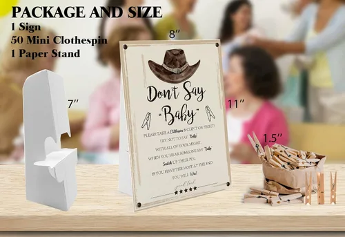 Miniatura 2 de Cowboy Don't Say Baby Game (1 letrero y 50 mini pinzas naturales para la ropa) Juego de Don't Say Baby Shower, decoraciones de baby shower