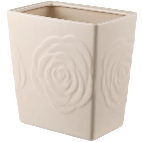 Basurero de cerámica beige con rosa – Cubo de basura pequeño de 2.5 galones para baño y cocina, cesta de basura decorativa para dormitorio, oficina,