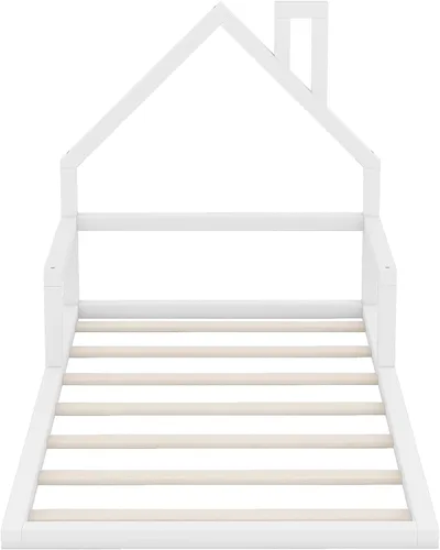 Miniatura 7 de Harper & Bright Designs Cama de suelo de tamaño individual con cabecera en forma de casa, marco Montessori, cama de plataforma para niños, Blanco