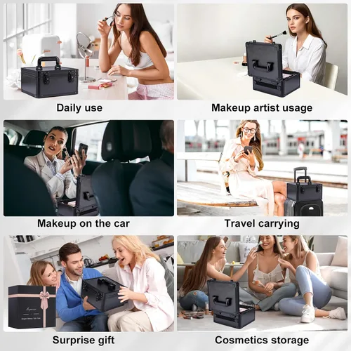Miniatura 7 de Estuche de maquillaje con espejo LED, estuche rígido de viaje con espejo iluminado recargable y divisores ajustables, bolsa de almacenamiento