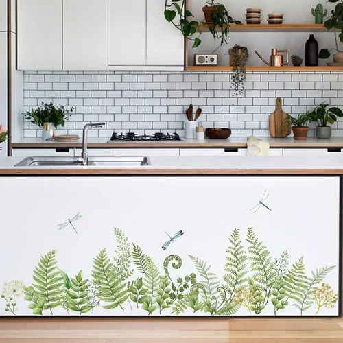 Miniatura 2 de decalmile Calcomanías de esquina de pared con plantas de helecho verde, hojas tropicales, base de libélula y línea de zócalo, pegatinas de pared