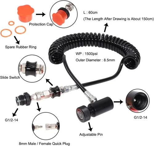 Miniatura 2 de TUXING Línea remota de bobina remota de tanque de paintball resistente para tanques de aire comprimido/CO2 de alta presión HPA con junta tórica