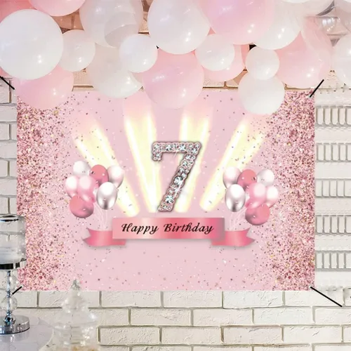 Miniatura 4 de Decoraciones de feliz cumpleaños 7 para niñas, pancarta de fondo, decoración de fiesta, póster de tela de aniversario, fondo de foto rosa