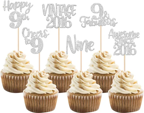 Miniatura 23 de Rsstarxi Paquete de 24 adornos para cupcakes vintage 2019 con purpurina negra para 5º cumpleaños, saludos a 5, cinco, 5, 5 fabulosos para cupcakes