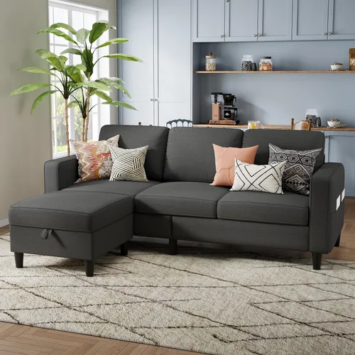 Miniatura 7 de Sofá modular para sala de estar, sofá gris oscuro de 3 plazas en forma de L con otomana de almacenamiento, cómodos sofás seccionales convertibles