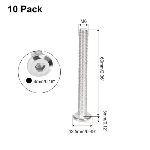 Miniatura 2 de Bonsicoky 10 tornillos hexagonales de cabeza redonda plana M6-0.039 x 2.362 in, tornillos de conexión de acero inoxidable 304, tornillos