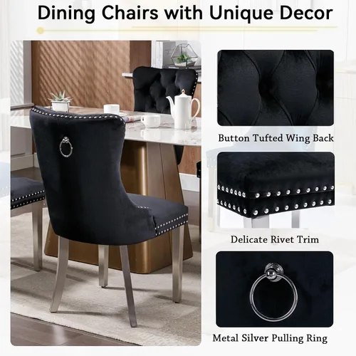 Miniatura 6 de Henf Juego de mesa de comedor de mármol sintético de 7 piezas para 6, mesa de comedor extensible de 63"-79" y 6 sillas negras acolchadas para 6