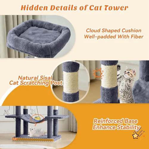 Miniatura 3 de DUMOS Torre grande de árbol para gatos de 66 pulgadas, torre alta de escalada para gatos de varios niveles con postes rascadores de sisal natural