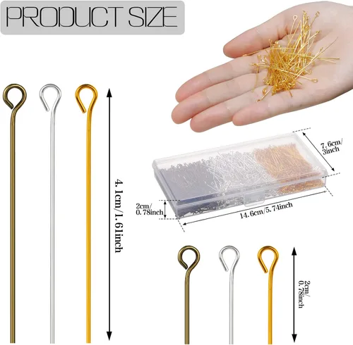 Miniatura 2 de BENBO - 1200 alfileres para la fabricación de joyas, 1200 unidades, 3 colores, alfileres de ojos abiertos, mezcla de hallazgos de joyería, bucles