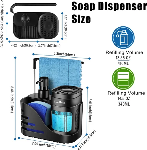 Miniatura 6 de Set de dispensador de jabón de cocina, dispensador doble de jabón para manos y platos 4-en-1 con soporte de esponja y soporte de paño para fregadero