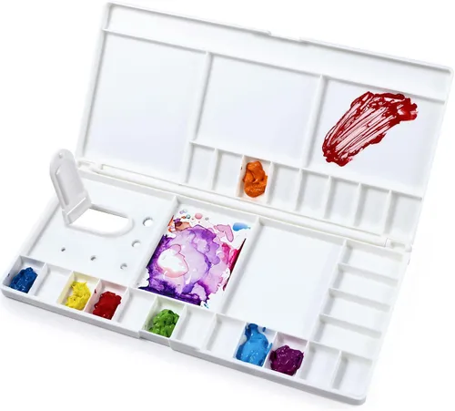 Junreox Paleta de acuarela, paleta de acuarela grande con 24 pozos y 5 áreas de mezcla, paleta de pintura premium con tapa, bandeja de pintura