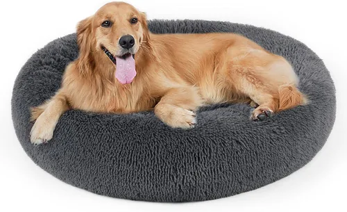 Miniatura 12 de Cama para perros, cama calmante para gatos, cama de felpa de piel sintética con forma de rosquilla para mascotas, cama redonda para perros y gatos