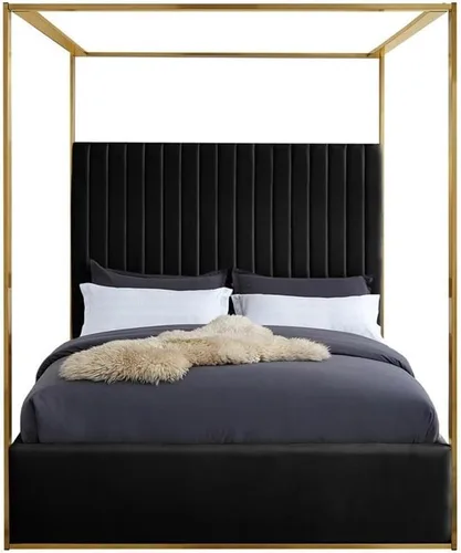Miniatura 4 de Meridian Furniture JonesBlack-Q Jones Collection Modern Cama Queen tapizada contemporánea, terciopelo negro, acolchado de canal, marco de latón