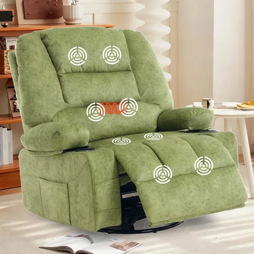 KCQ Silla reclinable giratoria de gran tamaño con portavasos de calor para masaje, sillas reclinables de tela con relleno para guardería, mecedora
