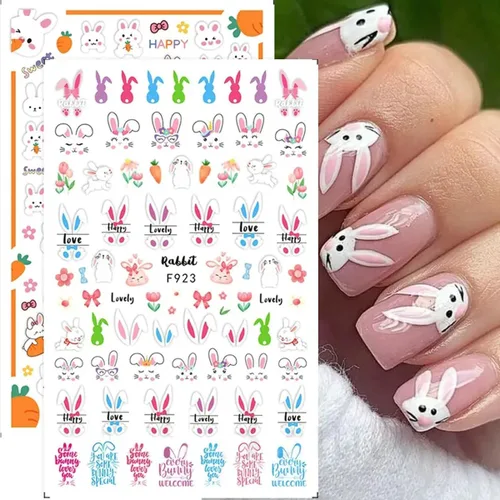Miniatura 2 de 8 hojas de calcomanías de arte de uñas de conejo de Pascua, 3D, autoadhesivas, accesorios de arte de uñas, caricaturas, conejos, animales