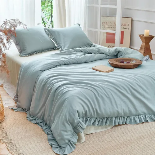Miniatura 9 de Simple&Opulence Juego de funda de edredón de algodón de lino con volantes, 3 piezas, ropa de cama con textura suave con bordes decorativos