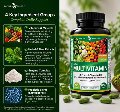 Miniatura 6 de Potent Garden Multivitamínico para hombres y mujeres – 42 frutas y verduras, probióticos y enzimas, suplemento alimenticio integral diario