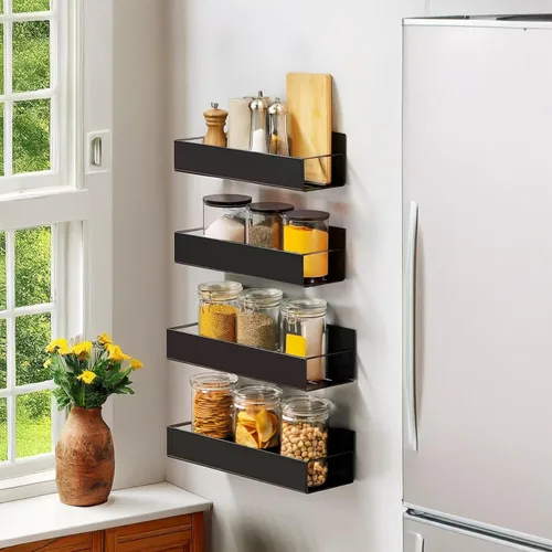 Miniatura 9 de Estante para especias de montaje en pared: 4 paquetes de almacenamiento y organización de despensa de gran tamaño sin taladrar – 11.8 pulgadas negro