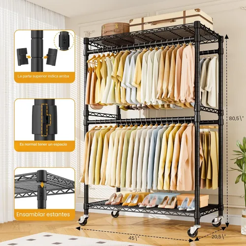 Miniatura 7 de ULIFHOME P4 Plus Perchero Rodante de Ropa Resistente, Percheros de Ropa para Colgar Ropa, Percheros de Vestir Independientes con Ruedas, Perchero