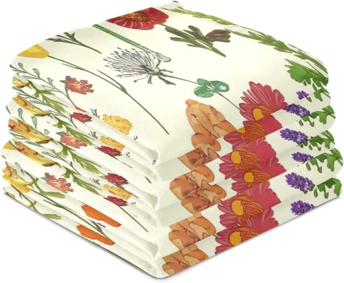 Miniatura 4 de Retro Wildflowers Botanical Yellow Towels Kitchen Sets, 28x18 Inches Absorbent Printed Hand Towels, Set of 6