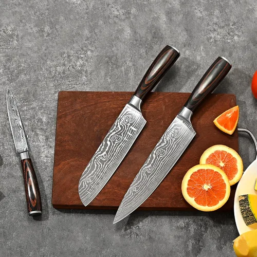 Miniatura 2 de Juego de cuchillos de chef de cocina profesional, Razor Sharp de acero alemán de alto carbono, 3 piezas, mango ergonómico de madera de Pakkawood