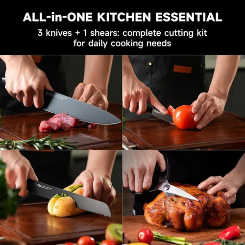 Miniatura 7 de OOU Juego de cuchillos con bloque y afilador, 6 piezas, juego de bloque de cuchillos de cocina de acero alemán de alto carbono con soporte universal