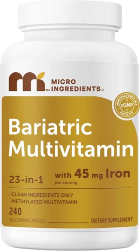 Micro Ingredients Multivitamínico bariátrico metilado con 45 mg de hierro, 240 cápsulas vegetarianas | 23 vitaminas esenciales en 1 con D3, K2, zinc