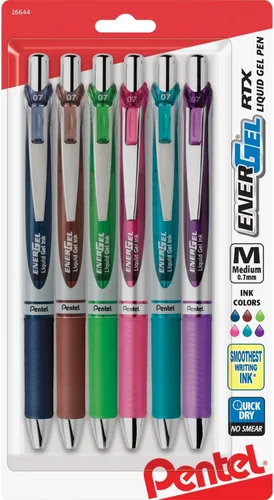 Pentel EnerGel RTX - Bolígrafo de gel líquido retráctil (¹/₃₂ pulgadas), punta de metal, línea mediana, tinta de colores surtidos, paquete de 6