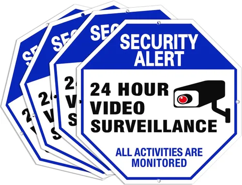 Señal de videovigilancia, paquete de 4 letreros de cámara de seguridad de 10 x 10 pulgadas, material reflectante e impermeable, letreros de