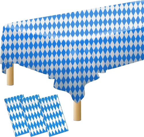 Iceyyyy Manteles rectangulares de Oktoberfest de 3 piezas, color azul y blanco, con bandera bávara para decoración de fiestas temáticas de