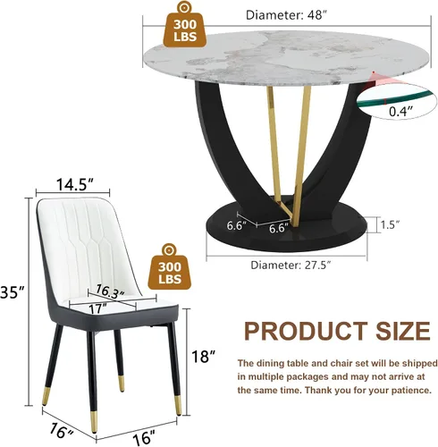 Miniatura 2 de Juego de mesa de comedor redonda para 4, mesa moderna de 48" con tapa de mármol sintético falso y pedestal brillante negro, juego de mesa de cocina