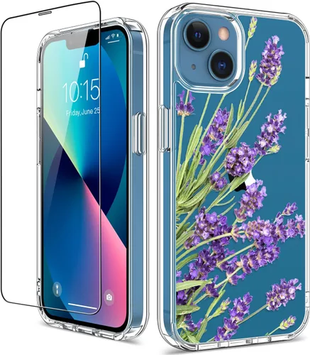 Miniatura 9 de Funda para iPhone 13 con protector de pantalla, transparente con diseño floral para niñas y mujeres, a prueba de golpes, con funda de parachoques