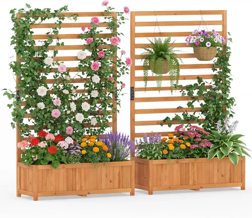 Miniatura 10 de Giantex Cama de jardín elevada de madera con enrejado, maceta para exteriores con base abierta para plantas trepadoras, profundidad de plantación