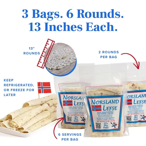 Miniatura 4 de Norsland Auténtico pan plano noruego de papa Lefse – 3 paquetes (8 onzas cada uno, 6 piezas en total) Sin conservantes Perfecto para días