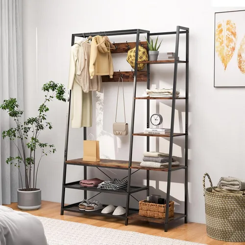 Miniatura 3 de Tangkula Árbol de pasillo con banco y almacenamiento de zapatos, banco de entrada 5 en 1 con 9 ganchos, 5 estantes laterales y 2 estantes de malla
