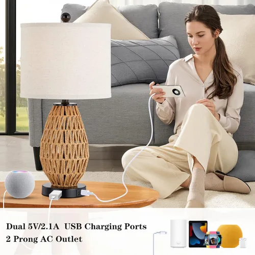 Miniatura 3 de CINSARY Lámparas de mesa de ratán con control táctil, lámparas de noche regulables de 3 vías para dormitorio, juego de 2 con 2 puertos USB y salida