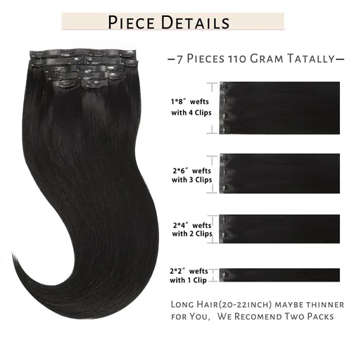 Miniatura 2 de Caliee Extensiones de cabello humano real con pinzas, 14 pulgadas, invisibles y sin costuras, extensiones de cabello humano con clip, color negro