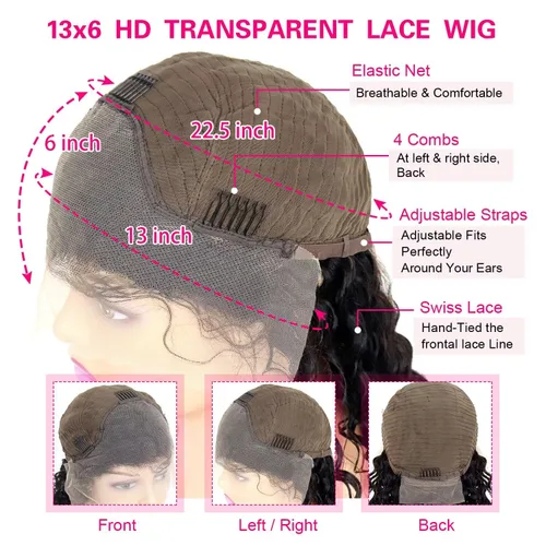 Miniatura 3 de Pelucas de cabello humano ondulado profundo con encaje frontal transparente HD de 13 x 6 pulgadas, pelucas de cabello humano de densidad 200