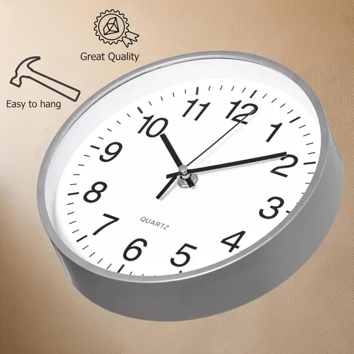 Miniatura 7 de Clockswise Reloj analógico plateado de 8 pulgadas, silencioso, sin tictac para pared, escritorio de oficina, mesa y estante, funciona