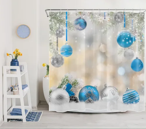 Miniatura 4 de LB Winter Christmas Shower Curtain Sets with Rugs Silver and Light Blue Xmas Ball in Winter Snow Scene Fabric Shower Curtain with Hooks New Year