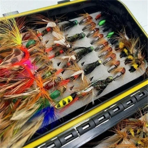 Miniatura 5 de Kit de moscas de pesca con mosca, 40/137 piezas, surtido de moscas secas/húmedas, serpentina para trucha, lubina, pez + caja de moscas