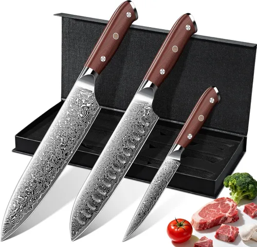Miniatura 11 de Juego de 4 cuchillos de carne serrados de Purple Dragon de acero alemán de alto carbono con mango cuadrado de madera - Corte sin esfuerzo - Regalo