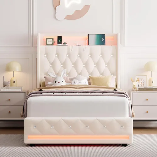 Miniatura 9 de HIFIT Marco de cama tapizada tamaño individual LED con cabecera de estación de carga y 4 cajones de almacenamiento, marcos de cama de plataforma