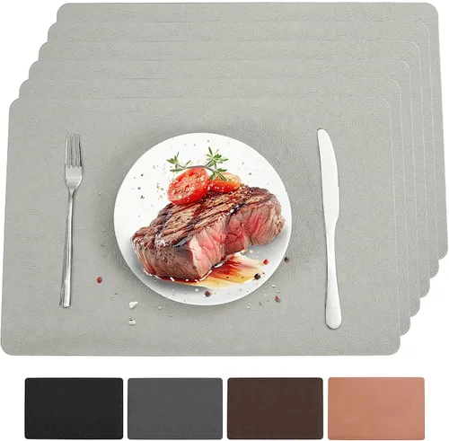 Miniatura 8 de Juego de 6 manteles individuales de vinilo, resistentes al calor, fáciles de limpiar, antideslizantes, para mesa de comedor, piel sintética, Negro
