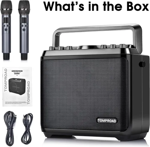 Miniatura 9 de Máquina de karaoke, altavoz Bluetooth con 2 micrófonos inalámbricos, amplificador de voz portátil, sistema PA para adultos y niños con luces LED