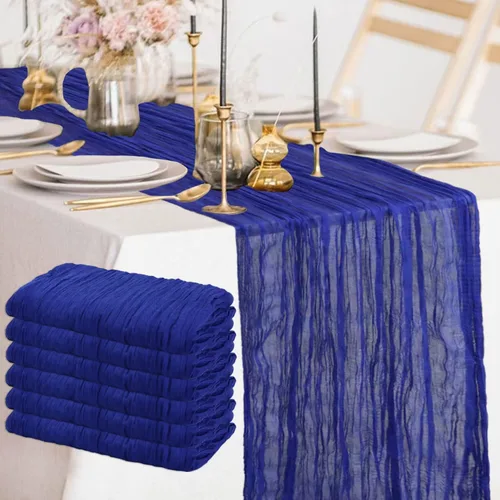 Miniatura 10 de FANPROMS Camino de mesa de gasa estilo cheesecloth azul rústico de 10 pies, tela de gasa para mesas de granja, ropa de mesa para mesas bohemias