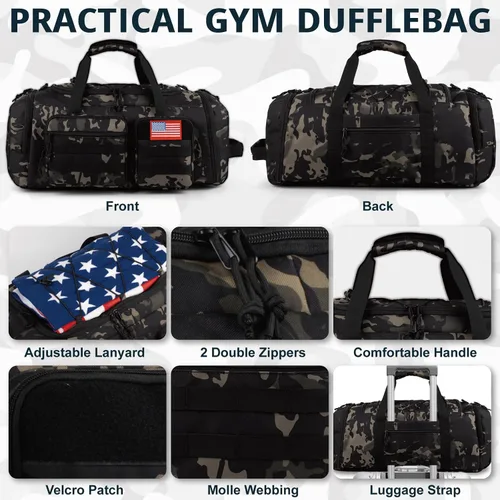 Miniatura 6 de Bolsa táctica de gimnasio para hombres, 50L grande 3 en 1 bolsa deportiva con compartimento para zapatos para viajes, mochila de viaje resistente al