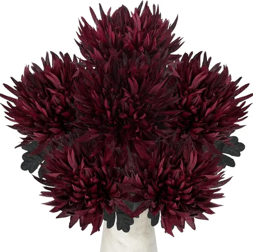 Hollyone 6 piezas de madres artificiales para exteriores color burdeos, flores de otoño, decoraciones de madres de otoño, grandes flores de